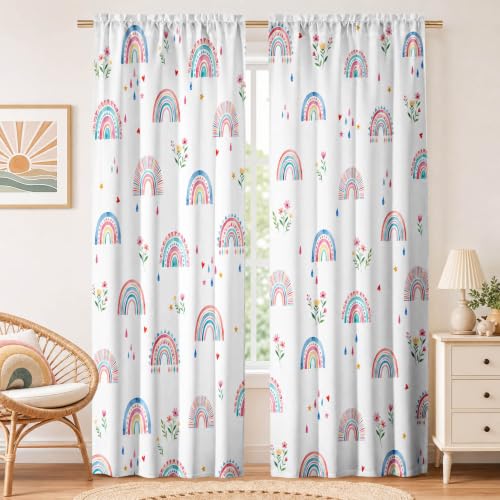 Rainbow Curtains for Living Room 84 Inches Long Boho Colorful Love Hearts Floral Rainbow Curtains Light Filtering Semi Sheer Privacy Drapes for Girls Bedroom,52" W,2 Panels - color: Rainbow, size: 52"W x 84"L (Pack of 2)