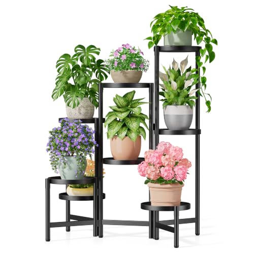 8 Tiered Plant Stand Indoor for Multiple Large Planter, Tall Heavy Duty Adjustable Folding Rack with Rustproof 7.9 Inch Wide Tray, Plant Shelf for Corner Living Room - BlackDisk - color: BlackDisk, size: 7-tiers