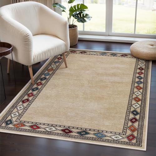 Lahome Modern Bordered Machine Washable Rug, Ultra-Thin Soft 3x5 Rugs for Entryway Bedroom, Non-Slip Stain Resistant Small Carpet for Laundry Entry (3'x 5',Beige) - color: Beige, size: 3' x 5'