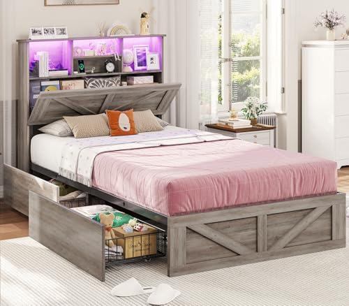 Farmhouse Bed Frame Twin Size with Bookcase Storage Headboard, Charging Station and LED Lights, Wooden Twin Bed Frames with 4 Drawers, Barn Door Design, No Box Spring Needed, No Noise, Grey - color: Grey, size: Twin