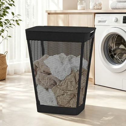 STO STO 75L Laundry Hamper with Lid, Black Clothes Hamper with Handles, Breathable Vinyl Mesh Laundry Basket, Sturdy Steel Frame, Space Saving Laundry Bin for Bathroom, Bedroom, Dorm, Small Spaces