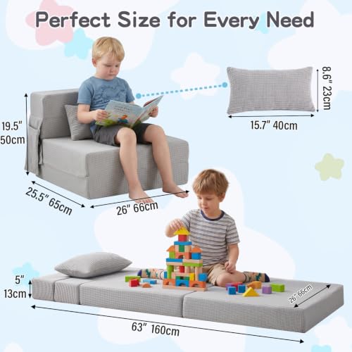 Kids Folding Sofa Bed, Floor Mattress, Foldable Futon Mattress | Toddler Fold Out Couch, Foldable Floor Nap Mat, Washable Kids Mattress with Storage Bag for Travel Camping Outdoor Use，Grey - color: Waffle Grey