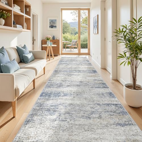 3x14 Runner Rug Non Slip,Washable Hallway Runner Rug,Blue | 14 ft Runner Rug for Hallway,Entryway,Bedroom,Living Room,Thin,Soft, Extra Long Rug,Stain Resistant Indoor Carpet - color: Blue/Brown/Ivory, size: 3' x 14' (Runner)