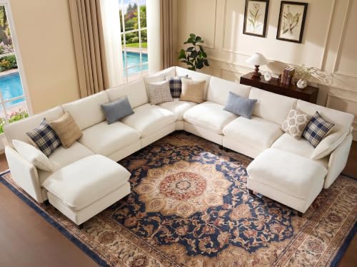 Ihanherry 139" Oversized V-Shaped Modular Sectional Couch, 9-Seater Cloud Sofa with Corner & Movable Ottoman, Large Cushions, Chenille Deep Seat Living Room Furniture Set, Beige - color: Beige Cream, size: 139" 9 Seat V Sofa