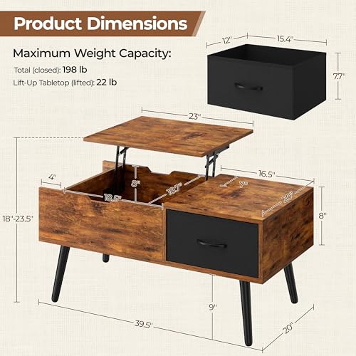 Yaheetech Coffee Table with Storage,39.5'' Lift Top Coffee Table,Hidden Storage Compartment,Foldable Drawer,Lift Tabletop Dining Center Table for Home Living Room Office,Rustic Brown - color: Rustic Brown