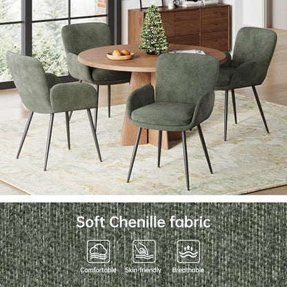 VKNOW Modern Upholstered Dining Chairs Set of 4 with Armrest, Green | Armed Dining Room Chairs with Metal Legs, Kitchen Chairs for Restaurant Kitchen Living Room - color: Green, size: Set of 4