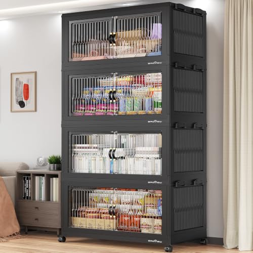 BROVIEW 800QT Extra Large Stackable Storage Bins with Lids, 4Pack Black | 200Gal Plastic Collapsible Cabinets Containers, Wheels & PET Doors, Foldable Closet Organizers Drawers for Office, Dorm - color: Black, size: 50Gal-4Pack