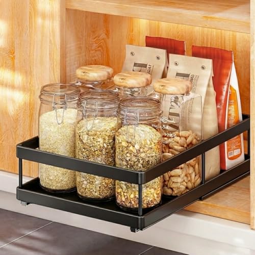 AOVA Pull Out Under Sink Organizer, Single-Tier Metal Sliding Shelf | Carbon steel basket, smooth slide-out rails, no-drill adhesive setup, for kitchen, pantry and bathroom cabinets