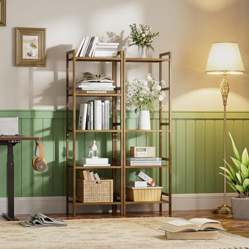 HITNET Bamboo Book Shelf, Tall Narrow Bookcase, Bathroom Shelving Unit 5 Tier Floor Standing Adjustable Bookshelf for Small Spaces, Walnut - color: Walnut