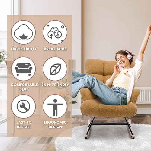Rocking Chair Nursery Teddy Upholstered Glider Rocker Rocking Accent Chair Padded Seat with High Backrest Armchair Comfy Side Chair for Living Room Bedroom Offices (Brown Teddy) - color: Brown