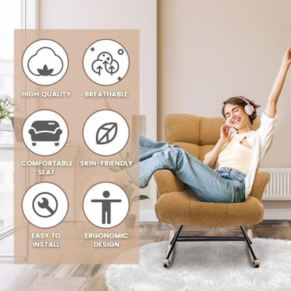 Rocking Chair Nursery Teddy Upholstered Glider Rocker Rocking Accent Chair Padded Seat with High Backrest Armchair Comfy Side Chair for Living Room Bedroom Offices (Brown Teddy) - color: Brown