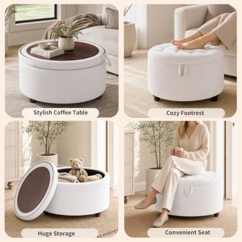 30" Round Storage Ottoman Coffee Table, Tufted Lid & Wood Top, Beige | Nailhead Trim Solid Wood Legs Extra Large Footrest Linen-Like Fabric - color: Beige