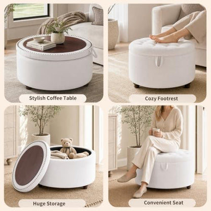 30" Round Storage Ottoman Coffee Table, Tufted Lid & Wood Top, Beige | Nailhead Trim Solid Wood Legs Extra Large Footrest Linen-Like Fabric - color: Beige