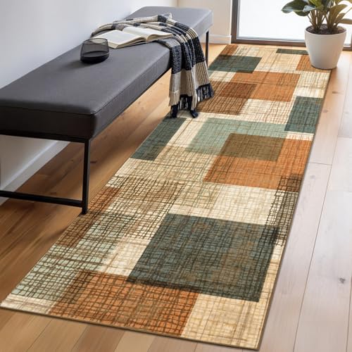 Washable 2x6 Runner Rug for Hallway Kitchen Bedroom, Orange/Blue | Non Slip, Low-Pile, Soft Stain Resistant, Modern Geometric Patchwork Grid Print Long Runner with Rubber Backing - color: Orange/Blue Multi, size: 2' x 6' (Runner)