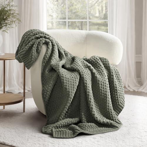 EVERGRACEHOME Chunky Chenille Knit Throw Blanket, 60x80, Dried Thyme Green | Sculpted Moss Stitch, Chic Modern Farmhouse, All-Season Warmth, OEKO-TEX® Certified, Elegant Blanket for Couch, Bed, Sofa - color: Dried Thyme, size: 60" X 80"