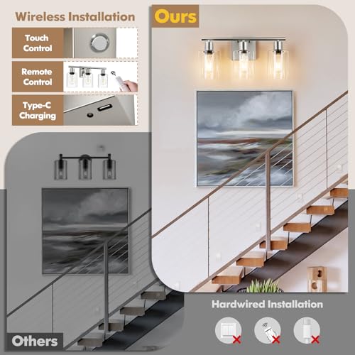 Battery Operated Wall Sconce, 3-Light Dimmable Rechargeable Vanity Light Fixture with Remote & Bulbs, 3-Light Silver Wireless Indoor Non-Hardwired Wall Lamp for Bedroom, Living Room, Cabinet, Porch - color: Silver