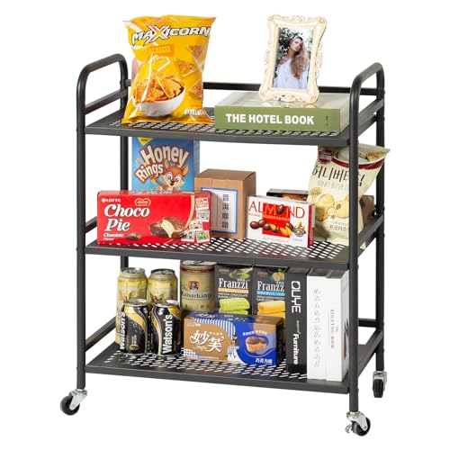 HDANI 3 Tier Metal Rolling Heavy Cart Supports 40 Lbs Per Tier,Mesh Rolling Cart with 2 Lockable Wheels for Office,Home,Bedroom,Kitchen,Bathroom(Black) - color: Black, size: Large Mesh