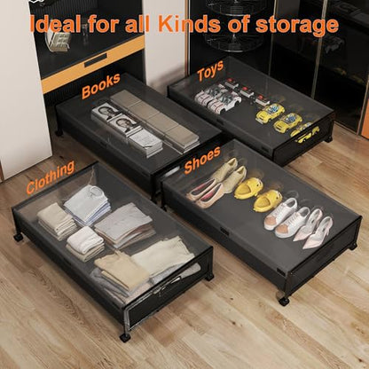 Under Bed Storage with Wheels, Rolling Underbed Storage Organizer, Heavy Duty Under Bed Storage for Clothes, Blankets and Bedding, Low Profile Underbed Container, Black