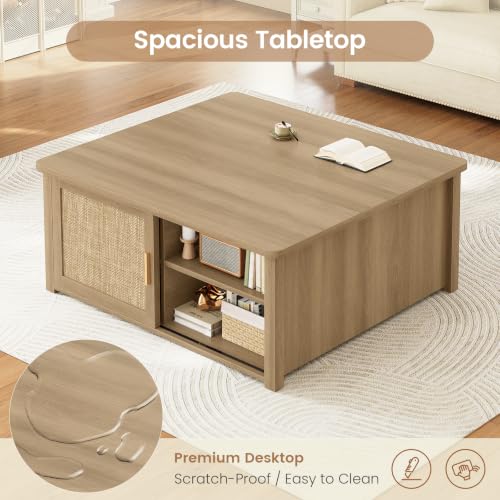 SEDETA 31.5" Lift Top Coffee Table with Storage, Square Coffee Tables for Living Room, Farmhouse Coffee Table with Large Hidden Storage Compartment and Adjustable Shelves, Rattan Oak - color: Rattan Oak