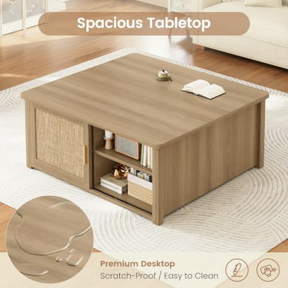SEDETA 31.5" Lift Top Coffee Table with Storage, Square Coffee Tables for Living Room, Farmhouse Coffee Table with Large Hidden Storage Compartment and Adjustable Shelves, Rattan Oak - color: Rattan Oak