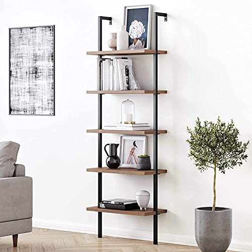 Nathan James Theo 5-Shelf Oak Wood Modern Bookcase, Open Wall Mount Ladder Bookshelf with Industrial Black Metal Frame - color: Theo Oak/Black, size: Set of 1