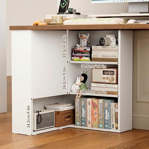 L Shaped Desk with 2 Drawers and 3 Shelves, 60" Reversible Corner Desk, Computer Desk with 10 Cubby Storage Organize, Home Office Executive Desk for Writing Study Work, White