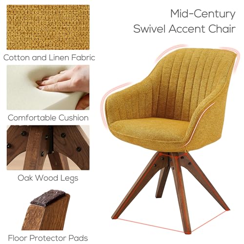 Swivel Desk Chair for Home Office, Fabric, Yellow | No Wheels, Oka Wood Legs, Mid Century Modern, Upholstered, 360° Swivel, Accent Chair, Living Room, Bedroom - color: Yellow, size: Fabric