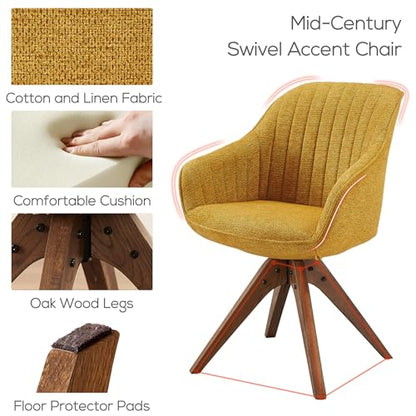 Swivel Desk Chair for Home Office, Fabric, Yellow | No Wheels, Oka Wood Legs, Mid Century Modern, Upholstered, 360° Swivel, Accent Chair, Living Room, Bedroom - color: Yellow, size: Fabric