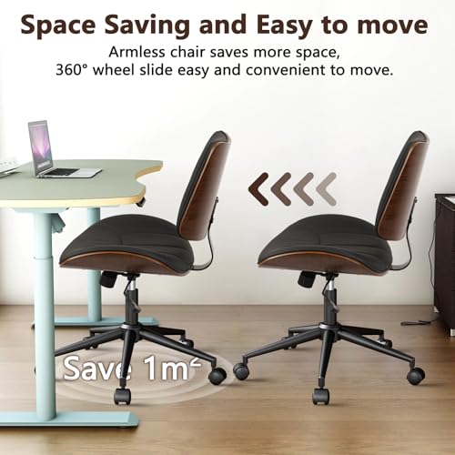 CLATINA Office Chair Armless with Wheels, Mid-Century Modern Walnut Desk Chair, Adjustable Height Reading Chair, PU Leather Mid Back & Swivel Computer Chairs for Home Meeting Room Bedroom, Black(1 PK) - color: Black Linear, size: 1 Pack