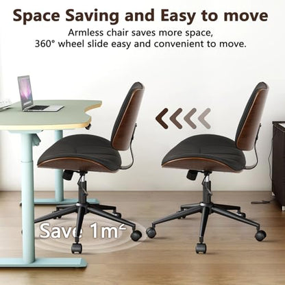 CLATINA Office Chair Armless with Wheels, Mid-Century Modern Walnut Desk Chair, Adjustable Height Reading Chair, PU Leather Mid Back & Swivel Computer Chairs for Home Meeting Room Bedroom, Black(1 PK) - color: Black Linear, size: 1 Pack
