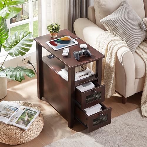 HDDDZSW Farmhouse XXL End Table with Charging Station, Narrow Side Table with USB Ports and Outlets, Nightstand with 2 Drawers Storage, Bedside Tables for Living Room, Bedroom, Rustic Cherry | Farmhouse Narrow Side Table with USB Ports and Outlets, Nights