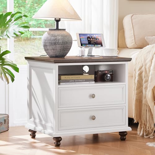 Joaxswe 24" Wide Farmhouse Nightstand with Charging Station, End Table with 2 Drawers, White Wood Dresser for Bedroom Cabinet, Bed Side Table Chest of Drawers, Night Stand for Living Room, Closet - color: White, size: 24"W (2 Drawers)