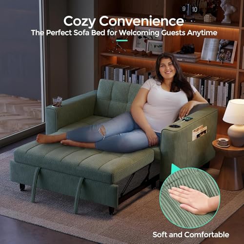 LINSY 54" Pull Out Couch with Charging Station - Sleeper Sofa Bed with Cup Holder, Small 3 in 1 Convertible Loveseat Sleeper Couch for Apartment, Dorm Room, Bedroom and Small Space(Olive Green) - color: Green