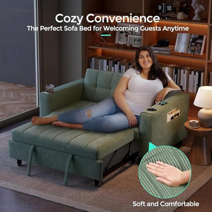 LINSY 54" Pull Out Couch with Charging Station - Sleeper Sofa Bed with Cup Holder, Small 3 in 1 Convertible Loveseat Sleeper Couch for Apartment, Dorm Room, Bedroom and Small Space(Olive Green) - color: Green
