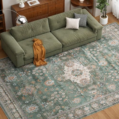 COHOME Washable 3x5 Entryway Rug, Non-Slip TPE Low Pile Area Rug for Large Kitchen Bedroom Mudroom, Distressed Green Boho Aesthetic, Stain & Pet Resistant - color: Green, size: 3" x 5" (Rectangular)