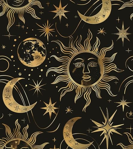 Celestial Sun Moon Wallpaper Peel and Stick 17.5"x 118",Black/Golden | Self Adhesive/Removable/Waterproof/Thick Vinyl Contact Paper for Bathroom Bedroom Shelf Cabinet Drawer,Prepasted,Easy Peel - color: Gold moon, size: 17.5" x 118"