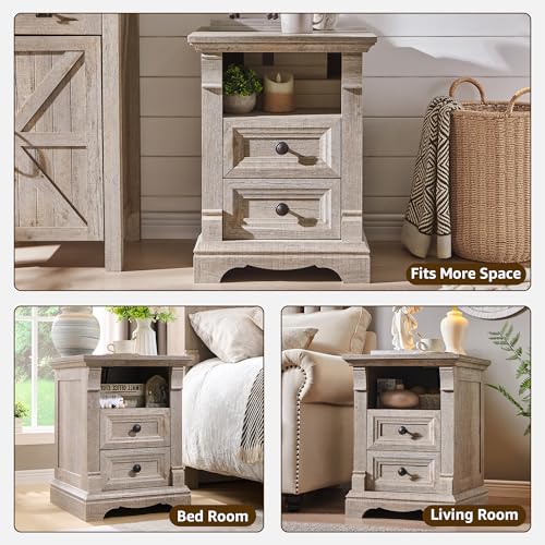Nightstand Set of 2, 18" Wood Side Table with Charging Station Roman Column | End Table, Bedside Cabinet for Bedroom, Living Room, Light Rustic Oak - color: Light Rustic Oak, size: 18"D x 18"W x 24"H