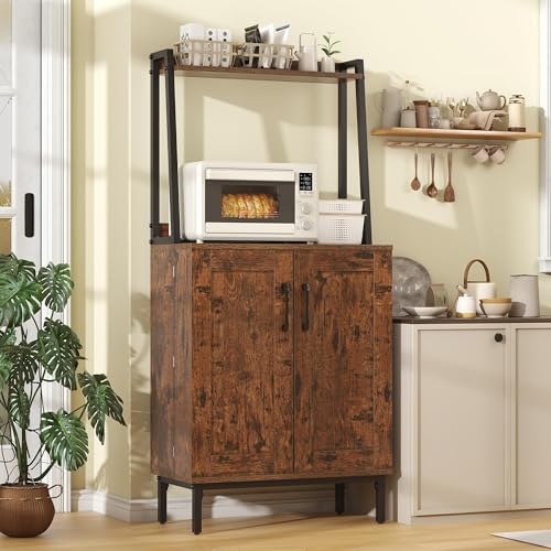 51" Kitchen Pantry Cabinet, Kitchen Storage Cabinet with Microwave Shelves, Small Coffee Bar Cabinet, Modern Kitchen Hutch with Microwave Stand, Adjustable Shelves, Food Pantry Cabinet for Dining Room - color: A-51" Retro Brown