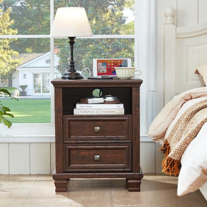 Farmhouse Nightstand with Charging Station, Walnut | End Tables Bedroom with 2 Drawers, Traditional Night Stand with Open Shelf & Thickened Top & Square Wooden Legs - color: Walnut, size: 18"D x 18"W x 25"H (2 Drawers)