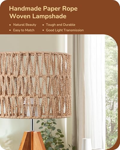 EDISHINE Rattan Small Table Lamp, Boho Nightstand Lamp, 14.2", E26 Base | Natural Style, Wood Tripod Base, Rosewood Color & W-Pattern Shade, Bedside Lamp for Living Room, End Table, Office - color: Rosewood Color&W-pattern Shade