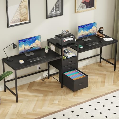 GYIIYUO 93'' Two Person Desk with Charging Station, Long Desk with 3 Drawer | Double Computer Desk with Printer Shelf, 2 Person Writing Study Table Workstation for Home Office, Black - color: Black