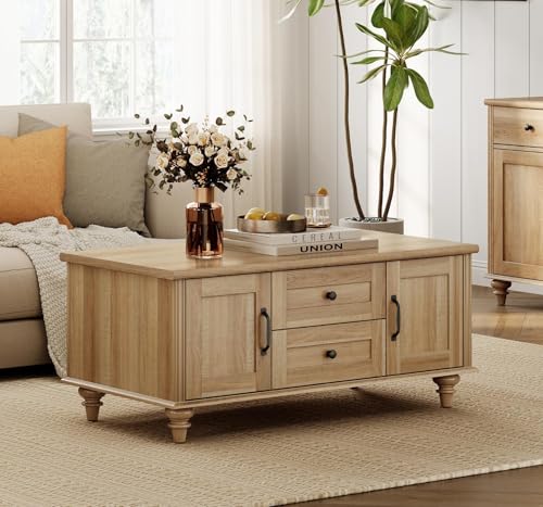 WAMPAT Farmhouse Coffee Table with Storage Cabinet & Drawer, 42 Inch, Oak | Rectangle Center Table, Thickened Tabletop, Solid Wood Legs, Metal Slide, Rustic Tea Table for Living Room, Home, Office - color: Oak