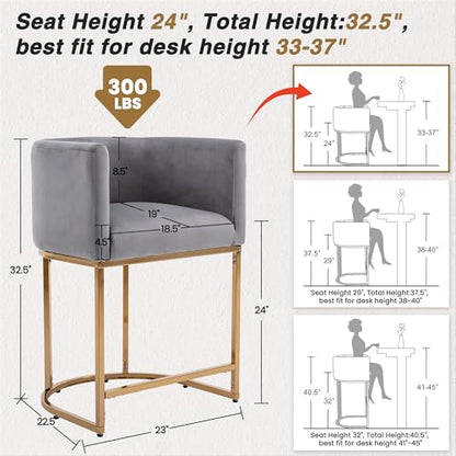 HNY Modern Counter Height Velvet Fabric Upholstered Counter Stools Set of 2, 24 Inch Kitchen Island Stool with Gold Finish Metal Frame, Grey - color: 24inch ,Grey,gold Base