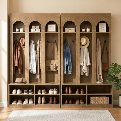 LITTLE TREE Hall Tree with Shoe Storage, Entryway Bench with Coat Rack | 6 Double Hooks, Entryway Storage Furniture, Mudroom Bench with Storage and Hooks, Farmhouse Hall Tree, Hallway Tree, Brown
