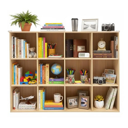 12-Cube Solid Wood Storage Organizer, Open Bookshelf with Back Panel, Vertical or Horizontal Floor Standing Shelf Unit for Living Room Bedroom Office (47.2" L x 11.8" W x 35.4" H) - size: 12-Cube-A