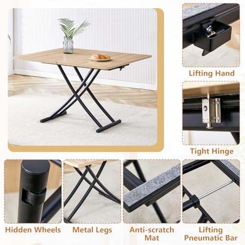 Adjustable Height Coffee Table, 4-in-1 Folding Dining Table, Oak | Convertible lift top table for use as a coffee table, dining table, home office desk or vanity - color: Oak & Black Legs