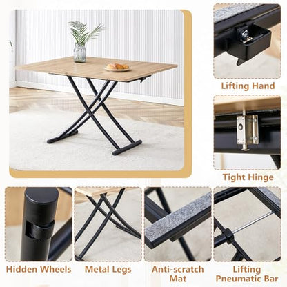 Adjustable Height Coffee Table, 4-in-1 Folding Dining Table, Oak | Convertible lift top table for use as a coffee table, dining table, home office desk or vanity - color: Oak & Black Legs