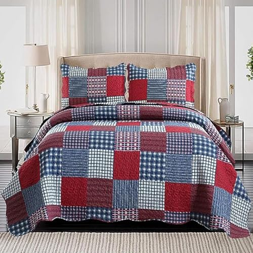 Ycosy Plaid Quilt Set Twin Size Country Patchwork Bedding Set Lightweight Reversible Bedspread Coverlet Set Red Blue Pliad Quilts Soft Home Collections with 2 Pillow Shams - color: Red Plaid Quilt, size: Twin