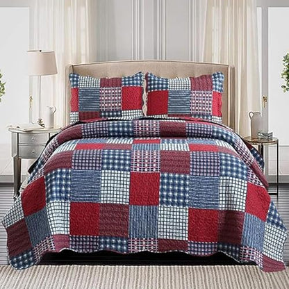 Ycosy Plaid Quilt Set King Size Country Patchwork Bedding Set Lightweight Reversible Bedspread Coverlet Set Red Blue Pliad Quilts Soft Home Collections with 2 Pillow Shams - color: Red Plaid Quilt, size: King