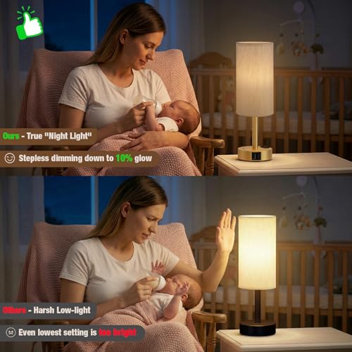 Gold Touch Bedside Lamp for Bedroom, Stepless Dimmable, USB A+C, AC Outlet | Base Touch Button Only, Memory Brightness, Ultra-dim Night Light, Included Bulb for Optimal Dimming, Cream Fabric Shade, Desk - color: Beige & Gold